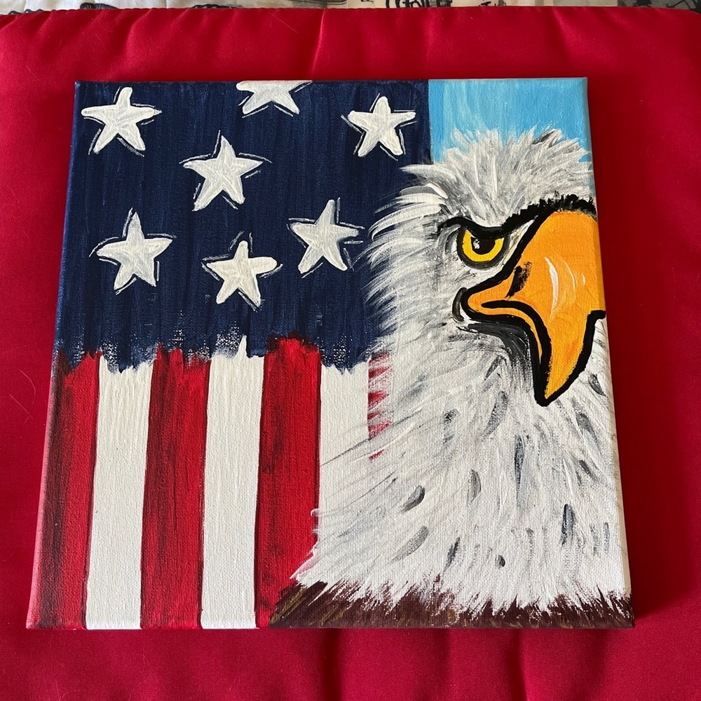 HAND PAINTED PATRIOTIC EAGLE/FLAG ON STRETCHED CANVAS